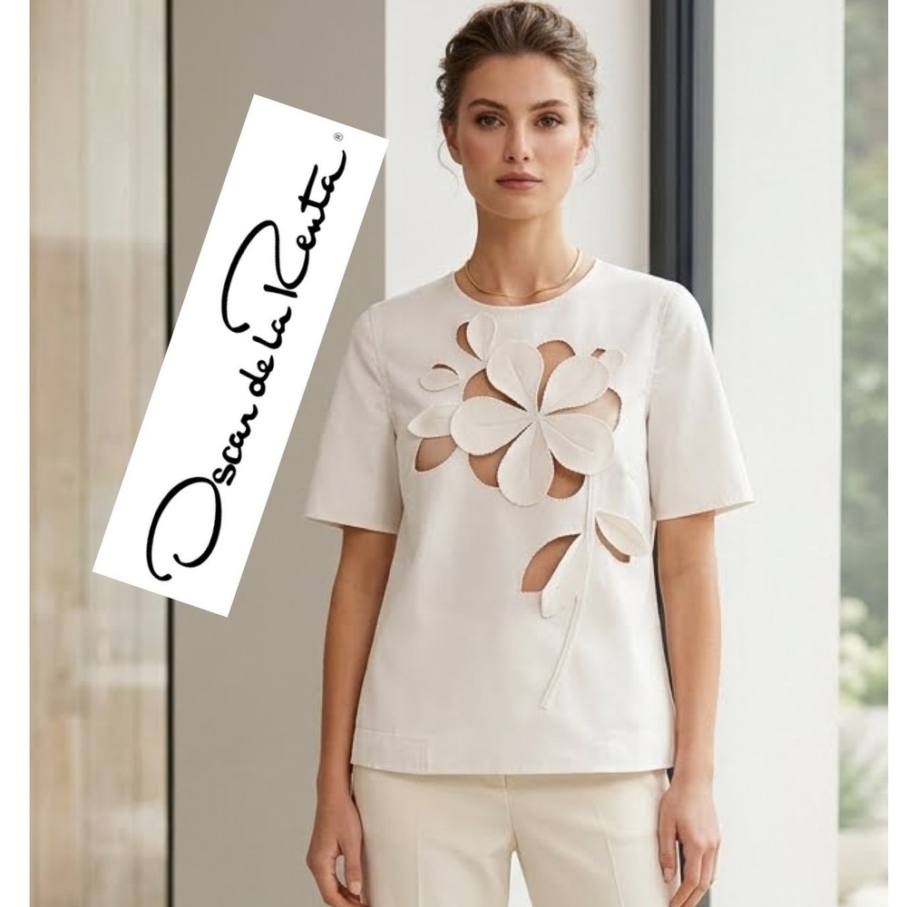 Oscar de la Renta Ivory Floral Applique Cutout Wool Top Made in Italy Sz 12
